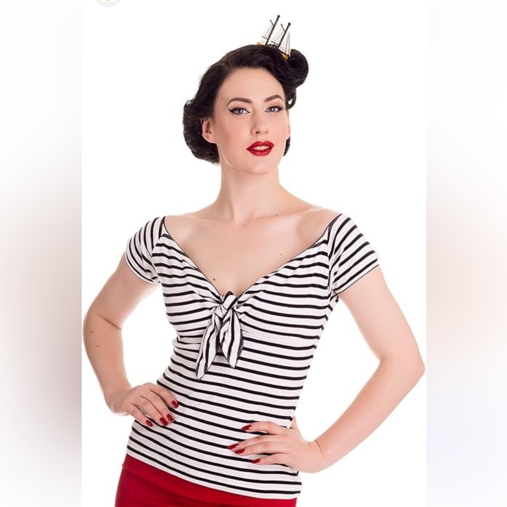 Hell Bunny Black and White Striped Tie-Front Top